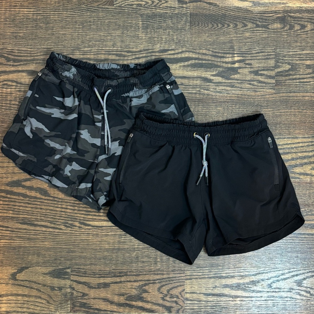 Athleta Girl Black Gray Camo All Play Zip Pocket Shorts Set of 2 XL 14 531686